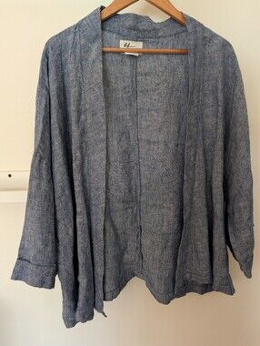 Andrea Jovine 100% Linen Chambray Open Jacket Womens L Blue Lightweight